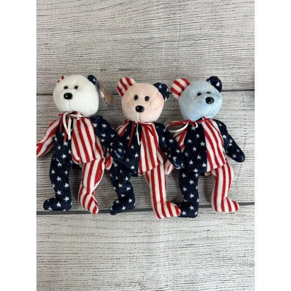 Beanie Babies SPANGLE BLUE WHITE & PINK Bears USA America Stars & Stripes 1999 - Picture 2 of 15